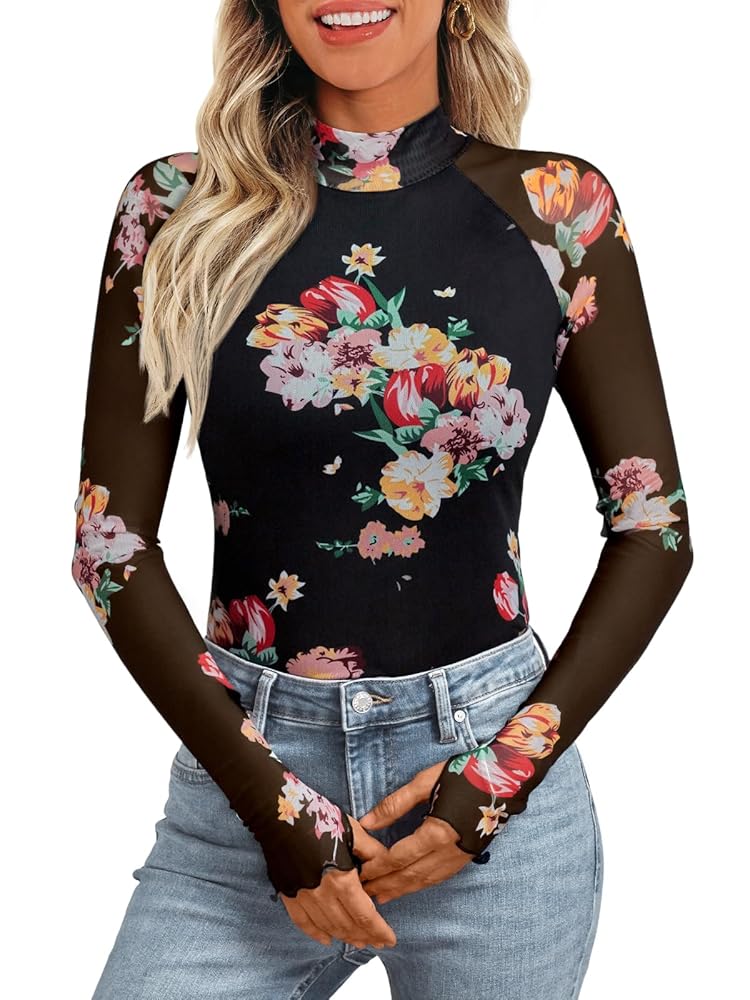 Dealmore Lace Sheer Long Sleeve Floral Mesh Mockneck Trendy